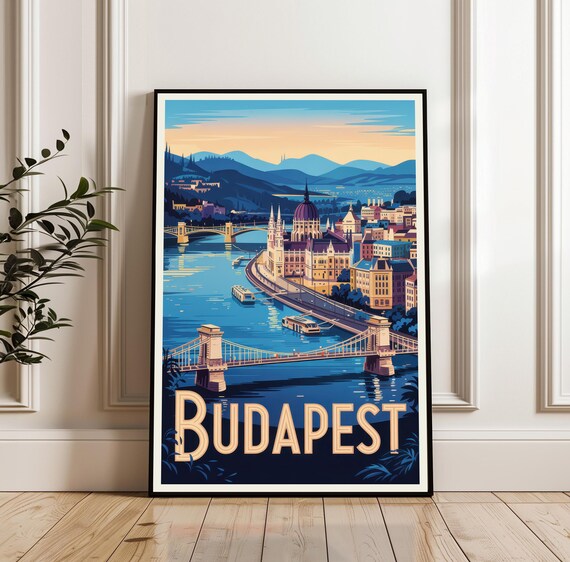 Budapest Hungary Retro Travel Cityscape Danube Bridge Poster