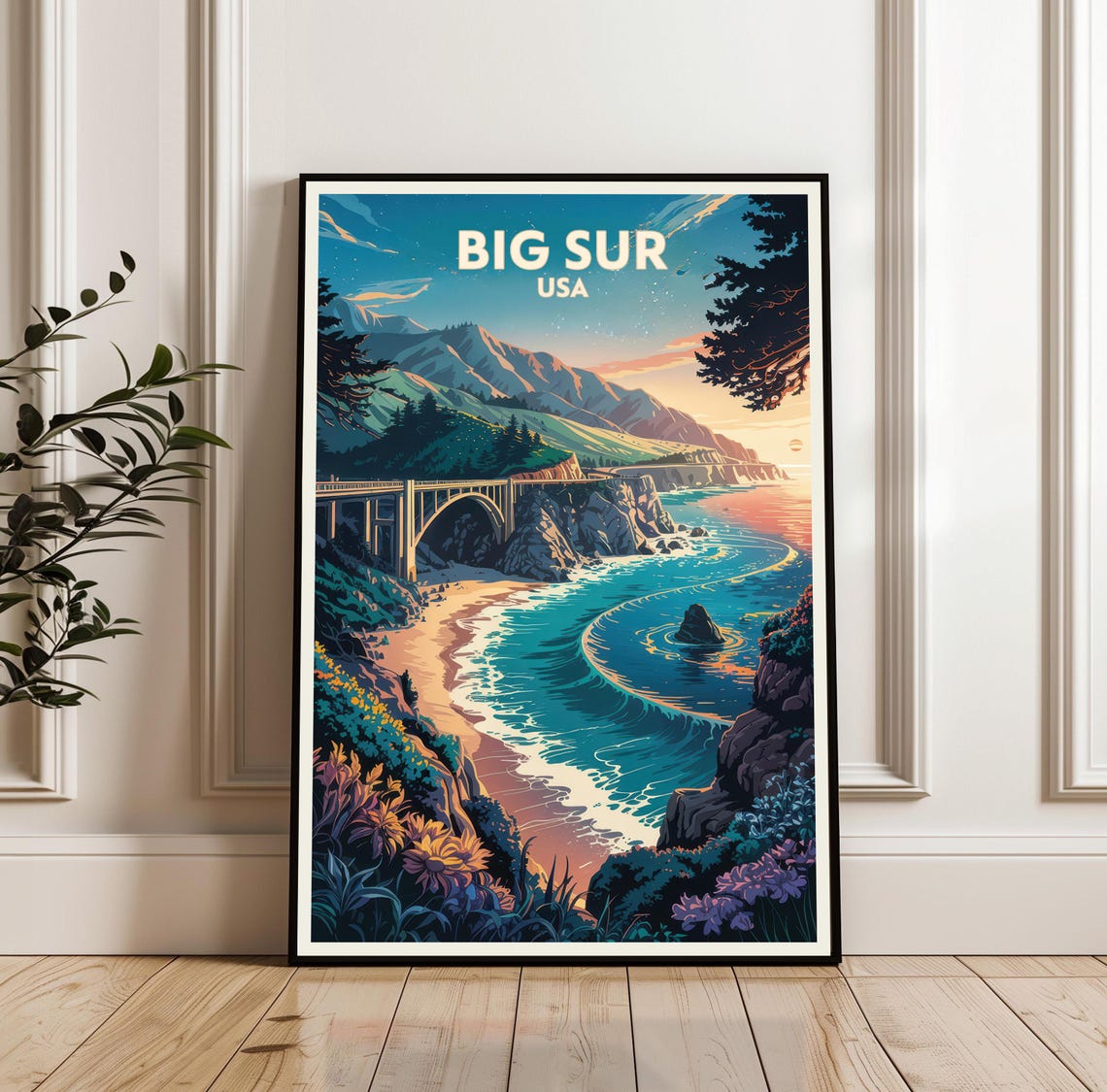 Big Sur USA Sunset Coastal Highway Bridge Vintage Travel Poster