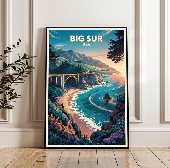 Big Sur USA Sunset Coastal Highway Bridge Vintage Travel Poster