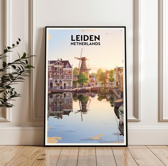 Leiden Netherlands Retro Travel Poster Canal Windmill Sunset Reflection