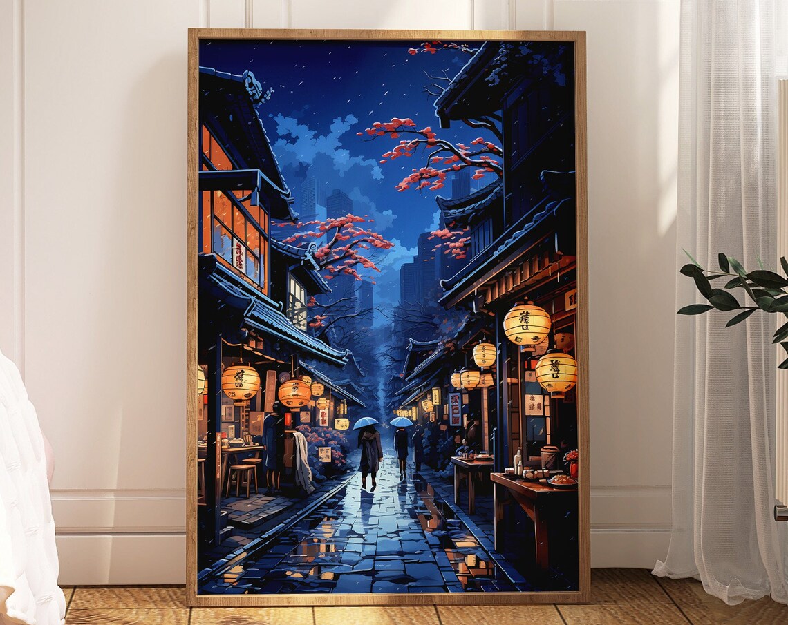 Rainy Japanese Night Street Lanterns Anime Cityscape Wall Poster