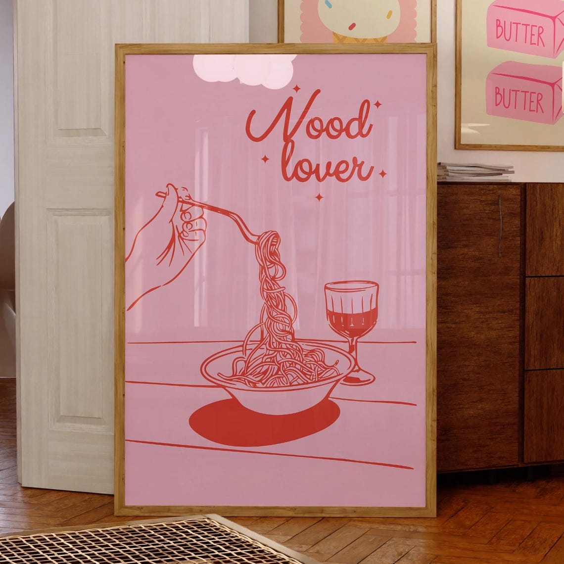 Nood Lover Pink Spaghetti Pasta Fork Line Art Kitchen Poster