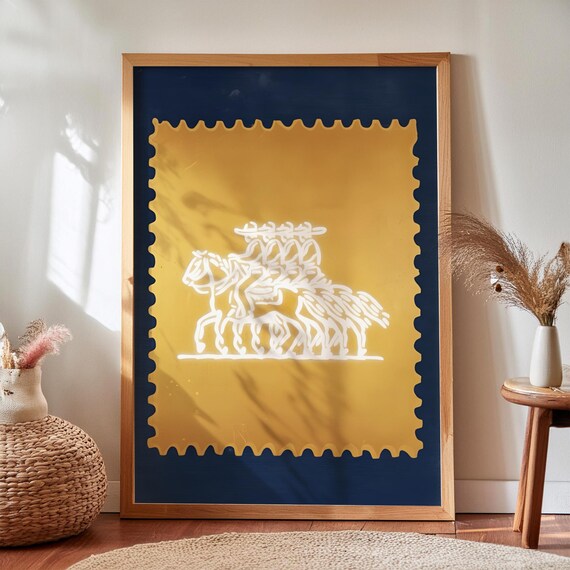 Mexico Cowboys Horseback Stamp Art Navy Mustard Western Poster