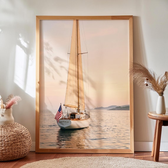 Sailboat American Flag Sunset Print Coastal Nautical Cape Cod Beach House Art Digital Download