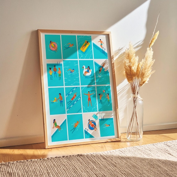 Mid Century Swimmer Print Pastel Blue Stripes Pool Art Digital Download