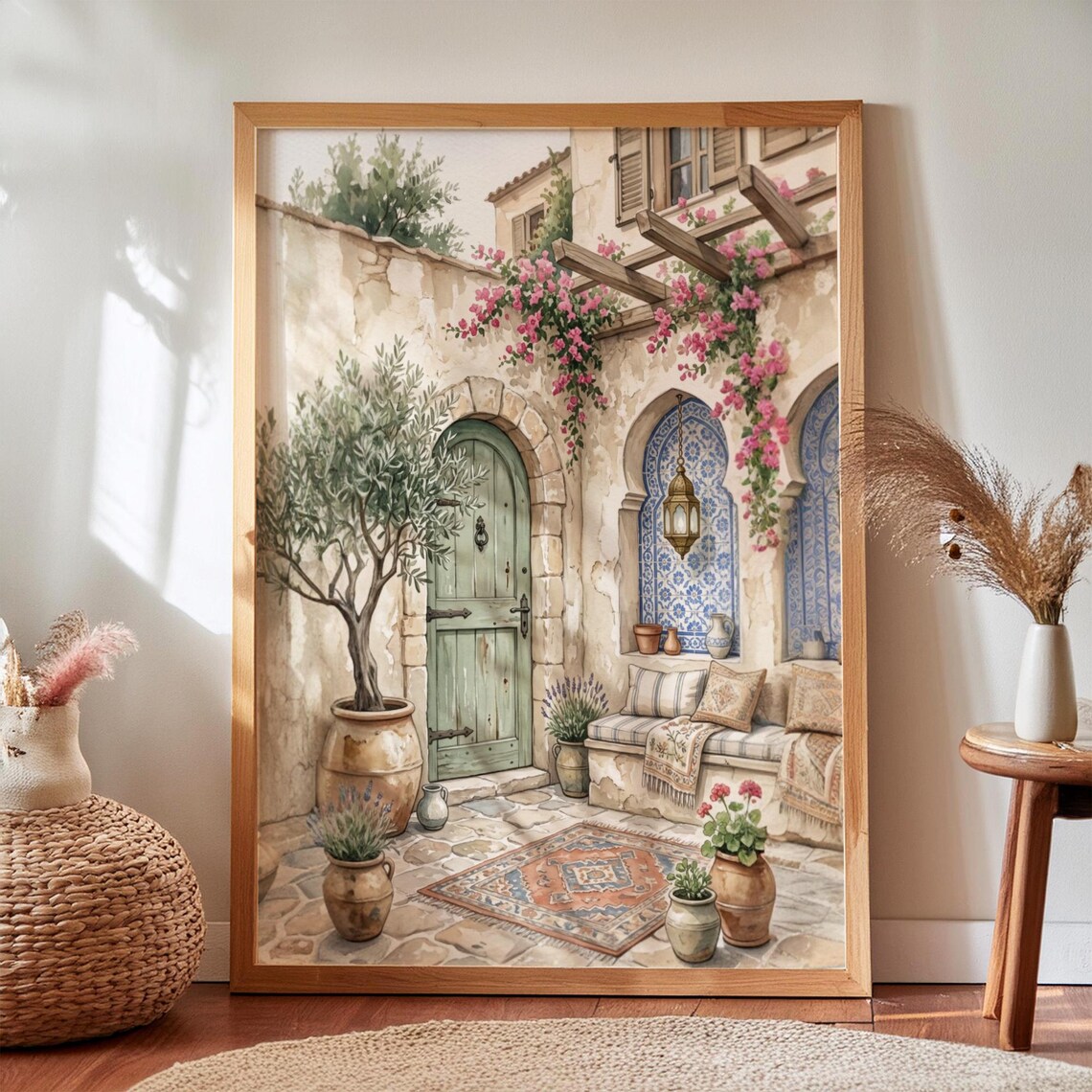 Palestinian Courtyard Olive Tree Watercolor Print Neutral Islamic Decor Digital Download