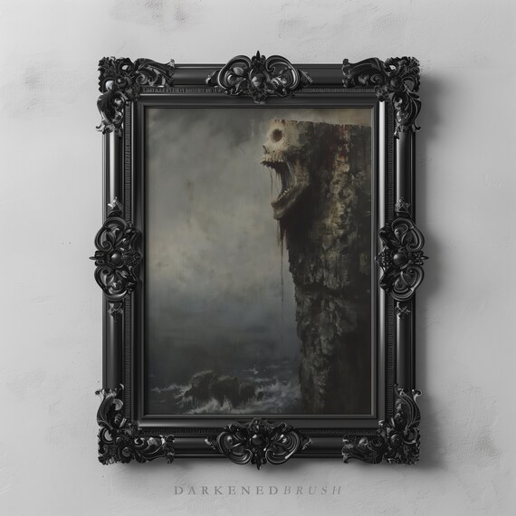 Haunting Cliff Skull Art Gothic Seascape Dark Moody Macabre Horror Coastal Ocean Academia Decor