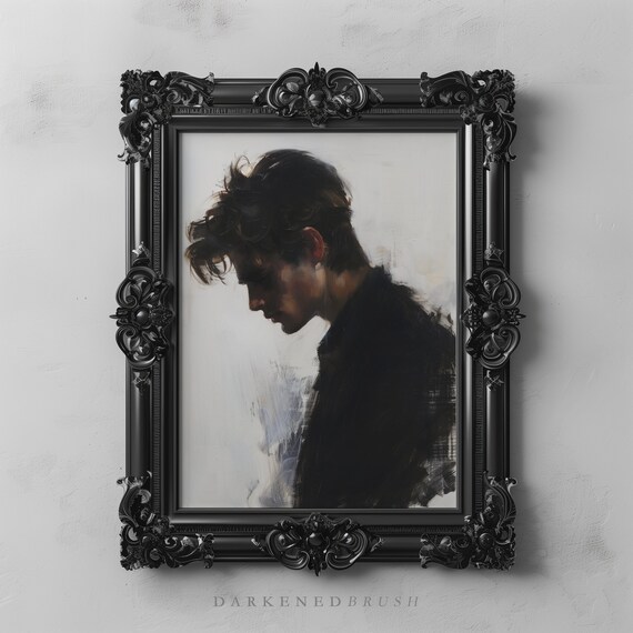 Young Man Side Profile Portrait Painting Dark Moody Wall Art Oil Rustic Instant