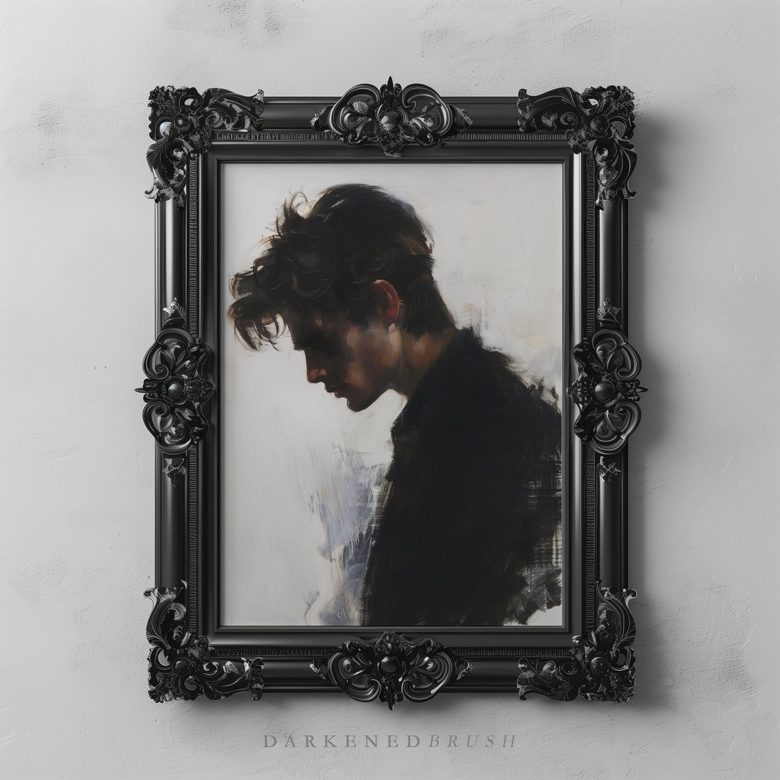Young Man Side Profile Moody Dark Oil Portrait Painting Print