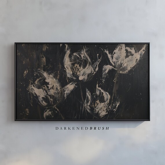 Black Tulips Abstract Oil Painting Moody Dark Floral Wall Art