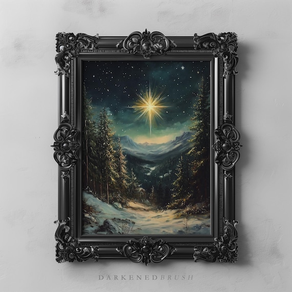 Bright Christmas Star Snowy Forest Valley Night Dark Academia Poster