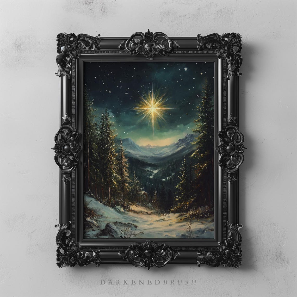 Bright Christmas Star Snowy Forest Valley Night Dark Academia Poster