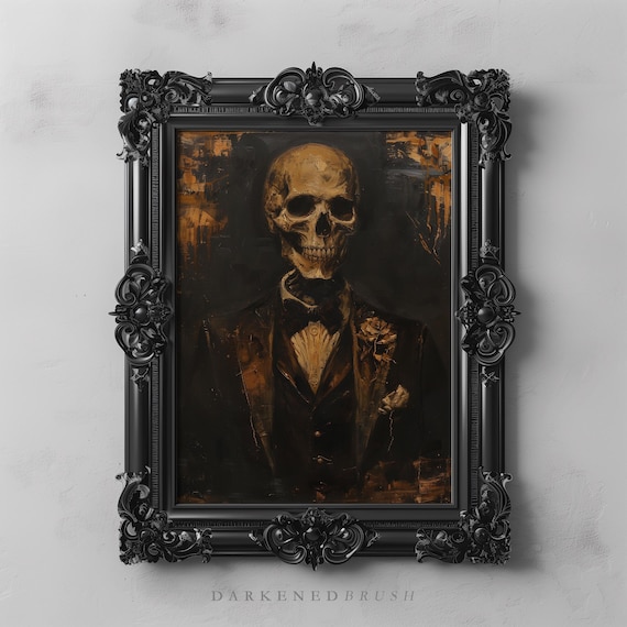 Gothic Skeleton In Tuxedo Art Victorian Macabre Dark Academia Decor Textured Moody Wall Print Halloween