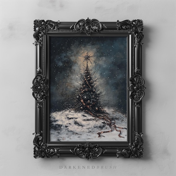 Dark Gothic Christmas Tree Starry Snowy Night Holiday Poster