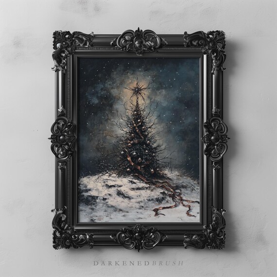 Moody Vintage Christmas Tree Art Winter Dark Gothic Holiday Wall Decor Festive Ribbon Night Painting Seasonal
