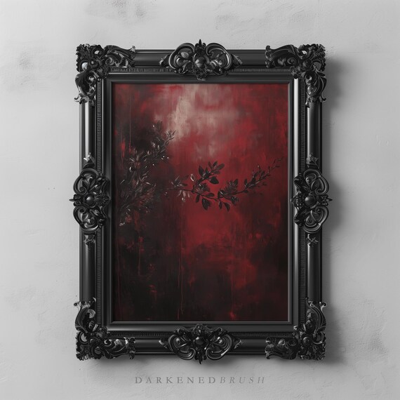 Gothic Floral Deep Red Black Abstract Painting Moody Botanical Decor Dramatic Dark Romantic Spring Wall Art