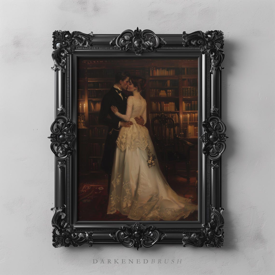 Romantic Victorian Couple Library Kiss Dark Academia Art Print