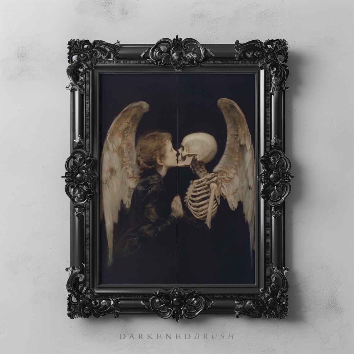Gothic Angel Mirror Reflection Skeleton Art Painting Dark Romance Occult Decor Witchy Wall Print