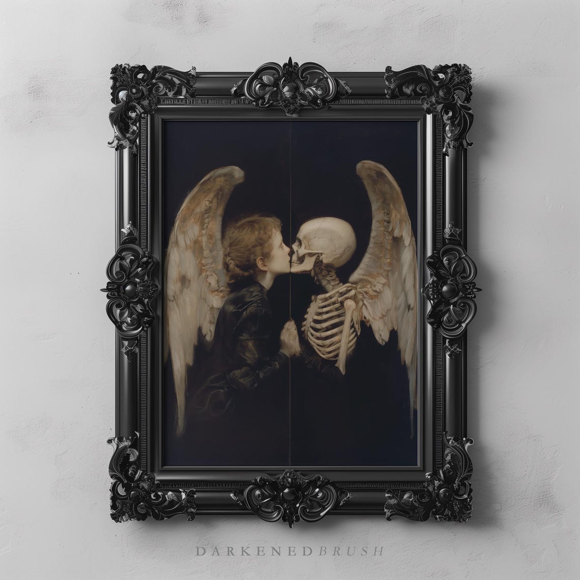 Winged Angel Kissing Skeleton Dark Romantic Gothic Love Poster