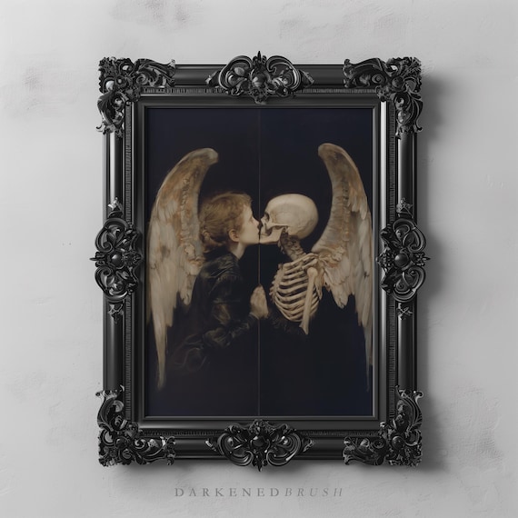 Gothic Angel Mirror Reflection Skeleton Art Painting Dark Romance Occult Decor Witchy Wall Print