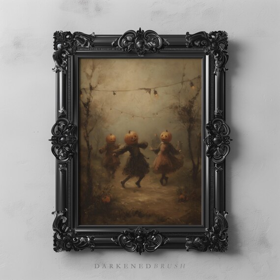 Jack O Lantern Pumpkinheaded Children Dancing In Autumn Fog Spooky Vintage Halloween Wall Art For Seasonal Decor 316