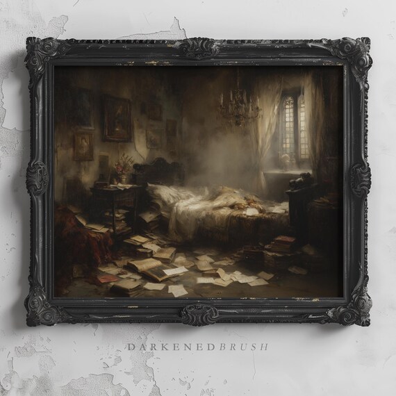 Gothic Mourning Room Decor Spooky Victorian Bedroom With Haunted Linens And Books Moody Vintage Romantic Dark Academia Wall Art