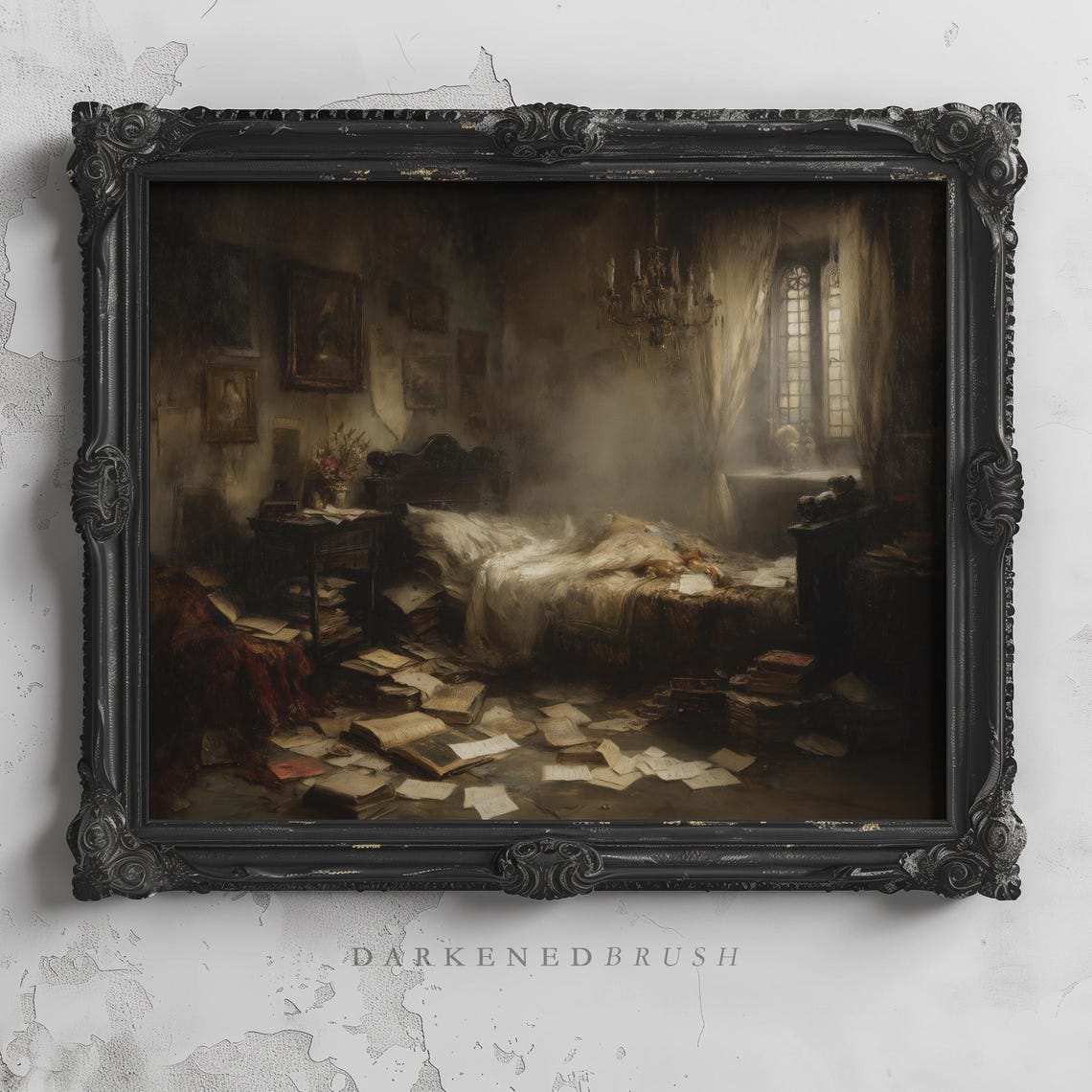 Haunted Victorian Bedroom Interior With Scattered Books Dark Poster