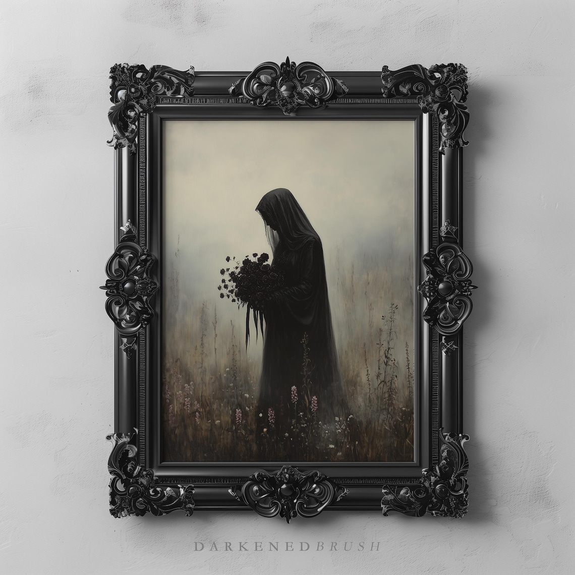 Veiled Woman Black Roses Gothic Dark Academia Art Print