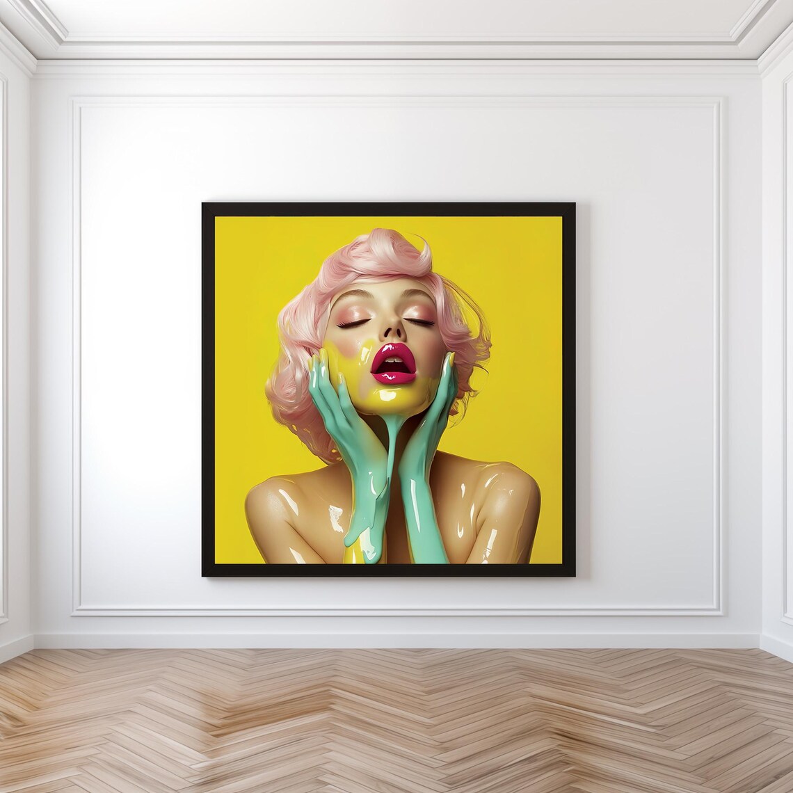 Pop Art Woman Pink Hair Yellow Paint Glossy Modern Fashion Poster - Image 4