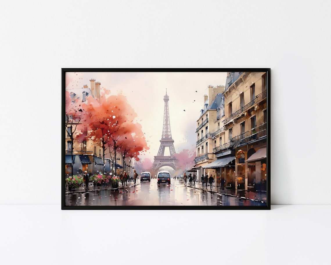 Paris Eiffel Tower Watercolor Rainy Street Autumn Trees Art Poster