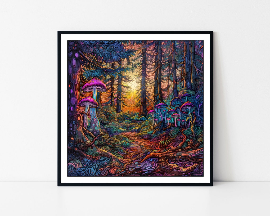 Psychedelic Redwood Forest Magic Mushrooms Sunset Trail Poster