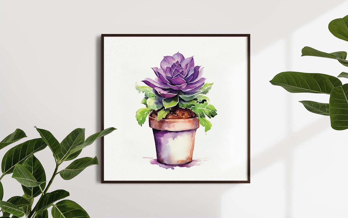 Purple Succulent Terracotta Pot Watercolor Plant Botanical Wall Art - Image 2