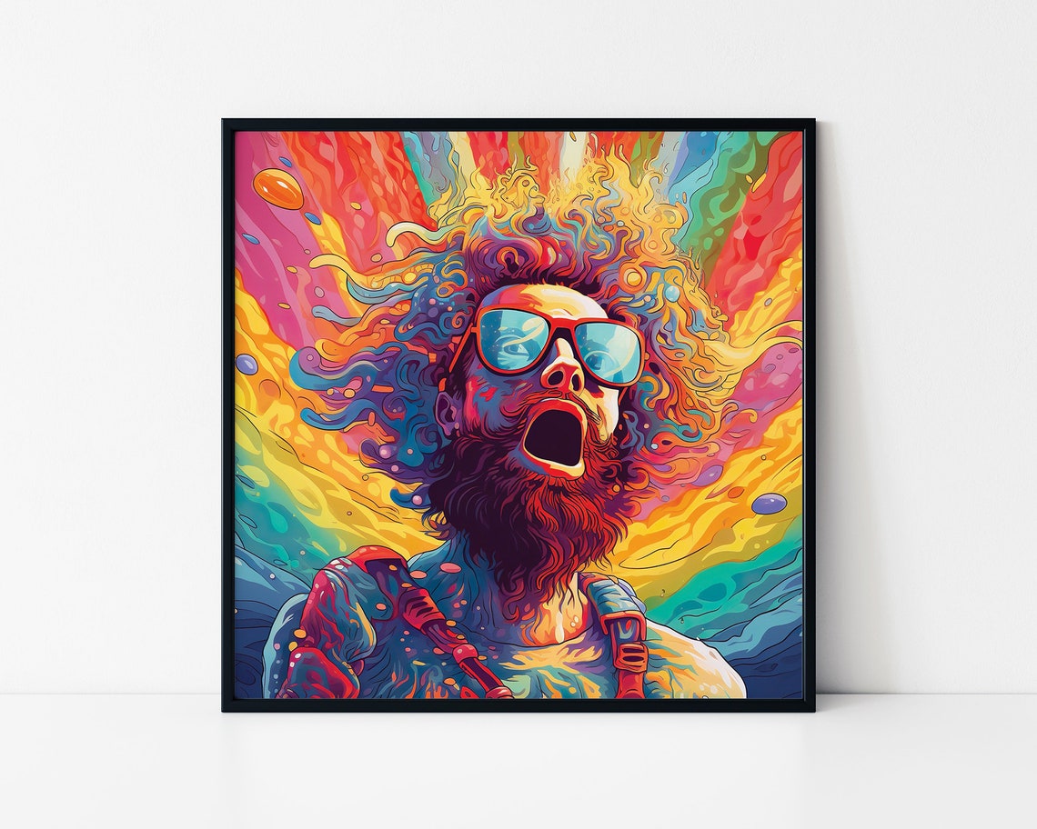 Joyful Bearded Man Sunglasses Rainbow Hair Psychedelic Rock Poster
