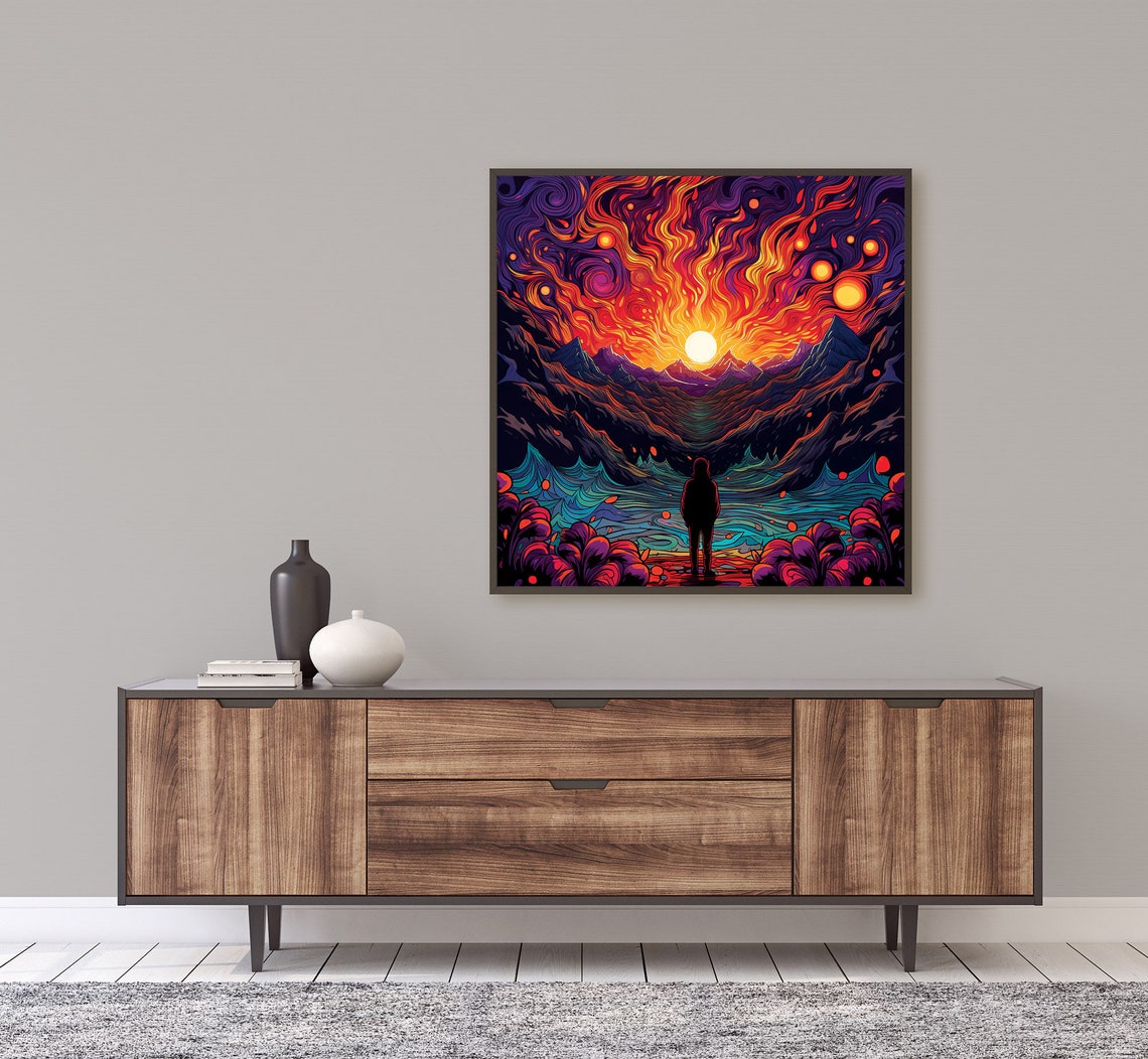 Lone Figure Fiery Psychedelic Sunset Swirling Cosmic Peaks Poster - Image 5