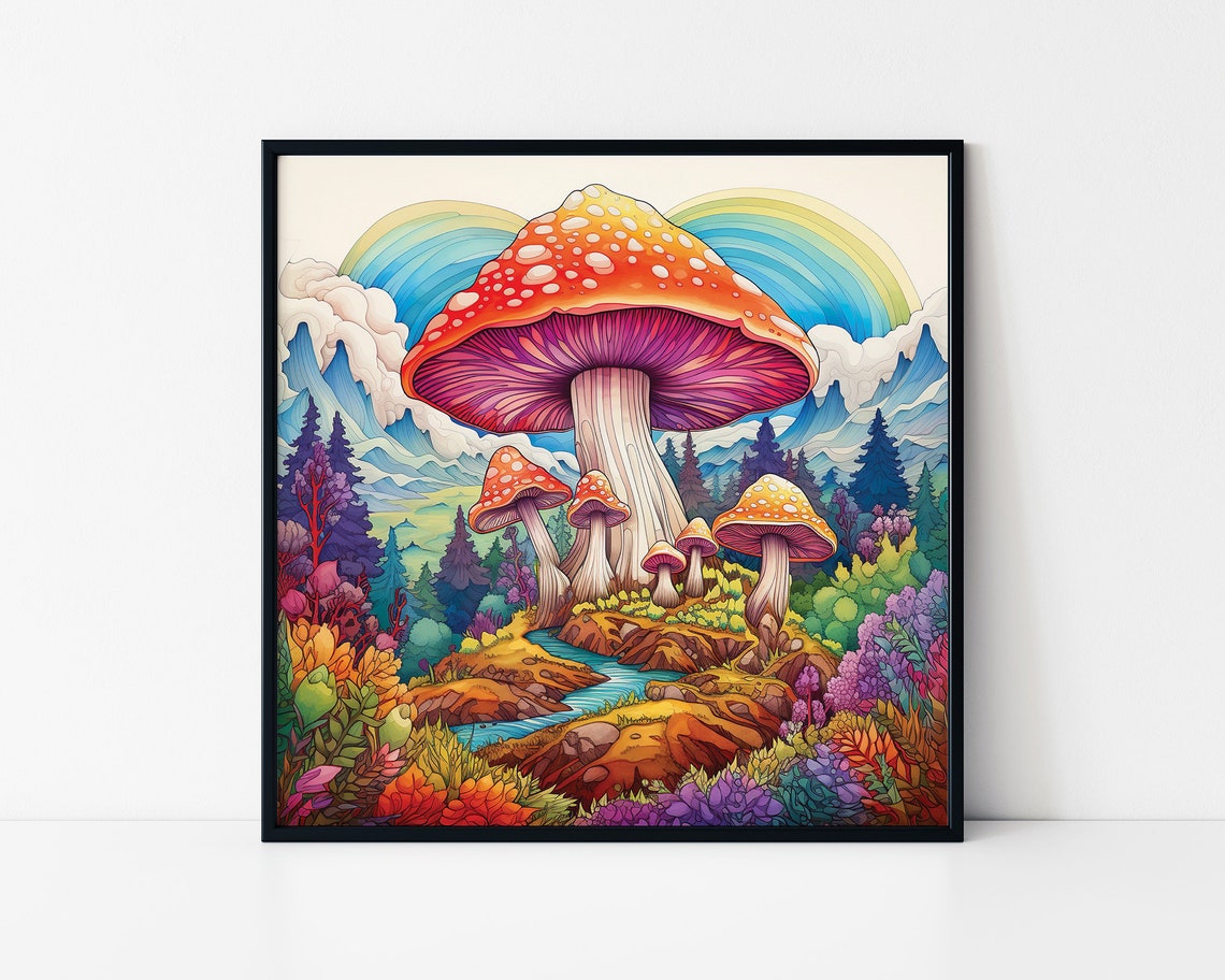 Psychedelic Giant Mushroom Rainbow Mountain Trippy Forest Poster