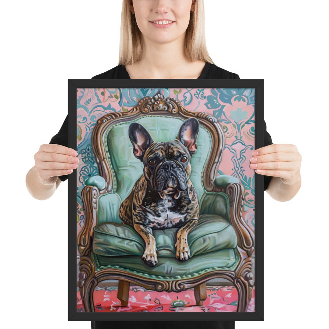 Brindle French Bulldog Throne Chair Pink Elegant Dog Portrait Poster - Image 2