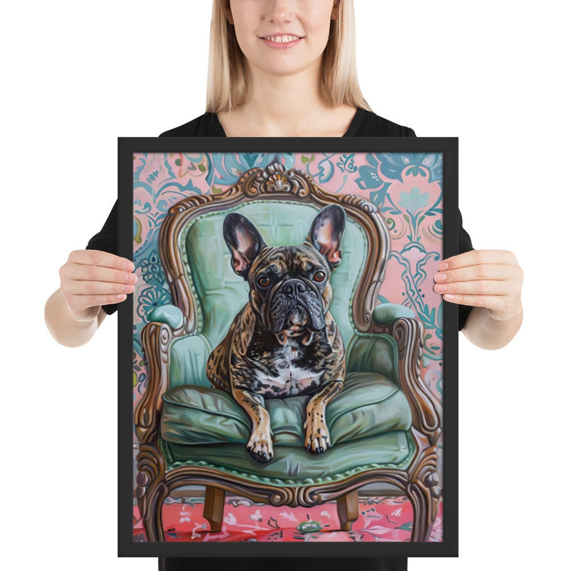 Elegant French Bulldog Sitting On An Antique Chair In Oil Painting Style Framed Poster Bulldog Portrait Dog Wall Art Wall Hanging - Image 2