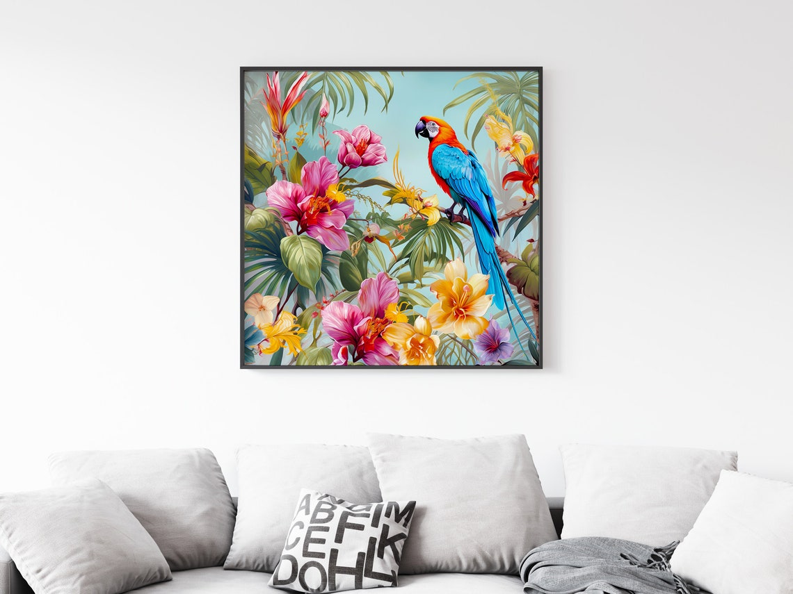 Scarlet Macaw Tropical Flowers Lush Parrot Paradise Garden Poster - Image 5