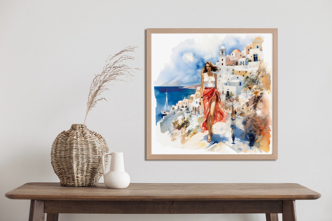 Beautiful Woman In Santorini Greece Framed Poster Santorini Greece Watercolor Poster Greece Watercolor Poster Travel And Fashion Poster - Image 3
