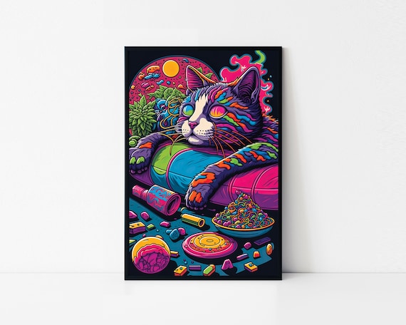 Trippy Relaxed Cat Lounging With Snacks Psychedelic Cat Art Poster