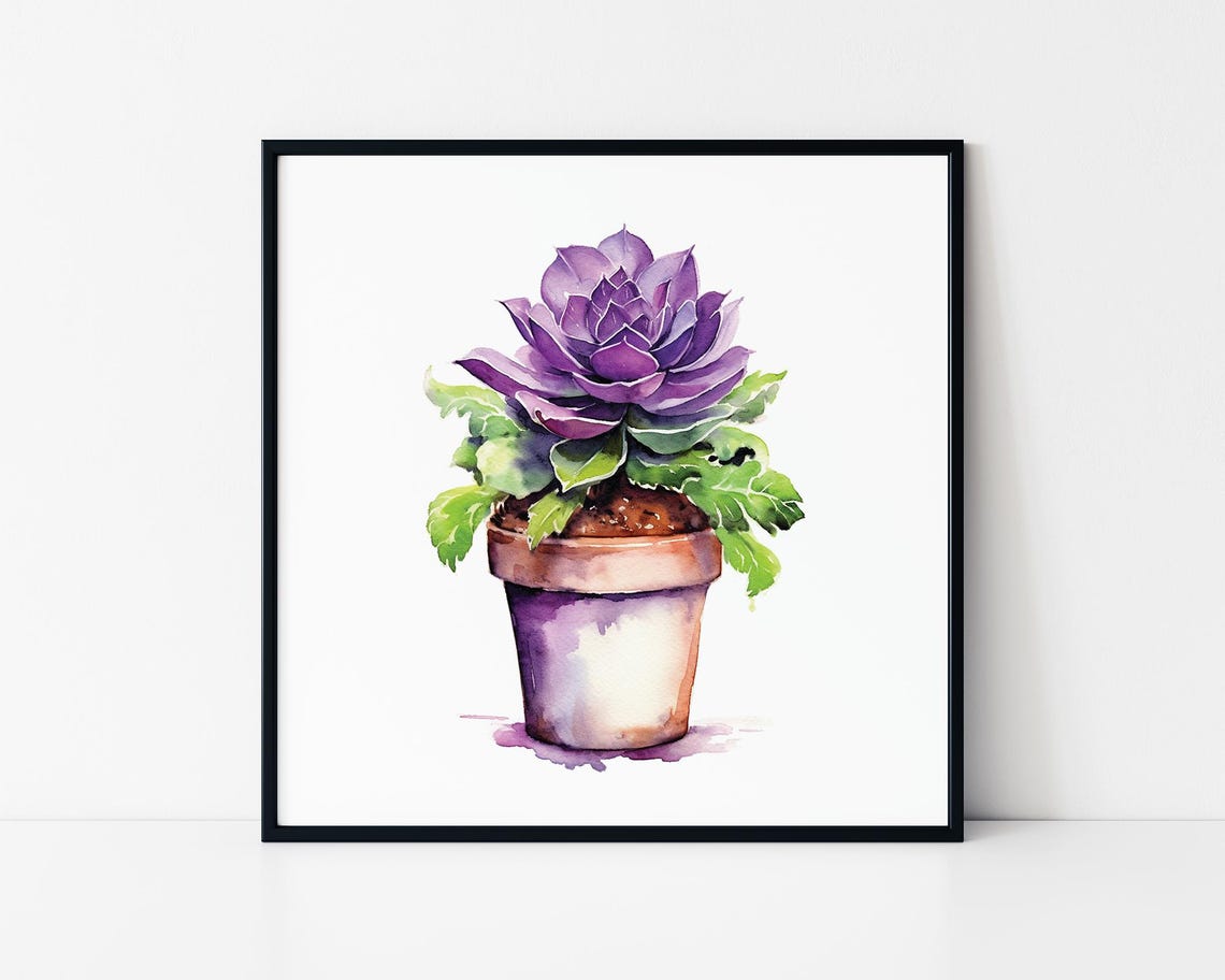 Purple Succulent Terracotta Pot Watercolor Plant Botanical Wall Art
