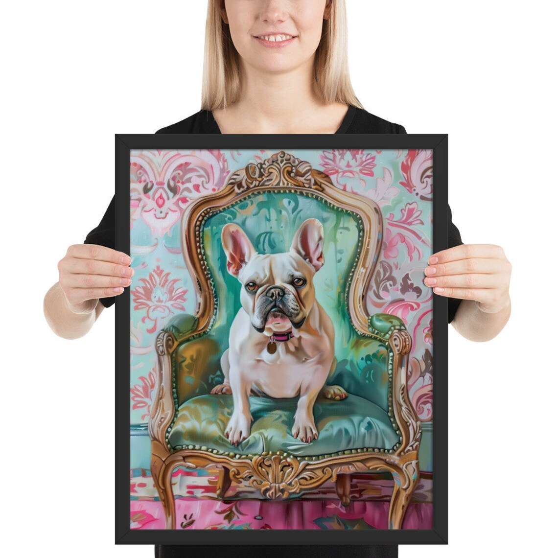 French Bulldog Throne Chair Elegant Pink Baroque Dog Portrait Poster - Image 2