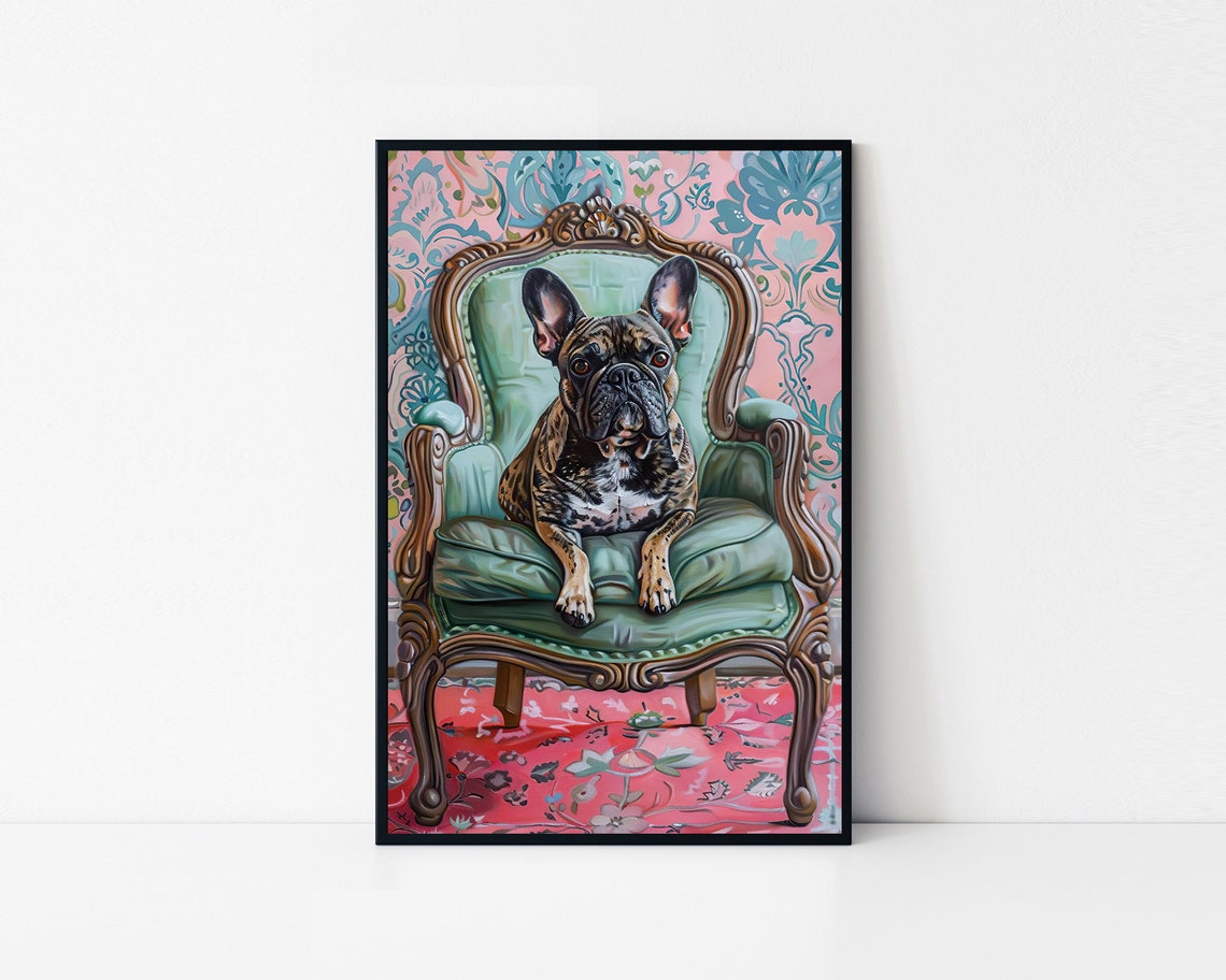 Elegant French Bulldog Sitting On An Antique Chair In Oil Painting Style Framed Poster Bulldog Portrait Dog Wall Art Wall Hanging