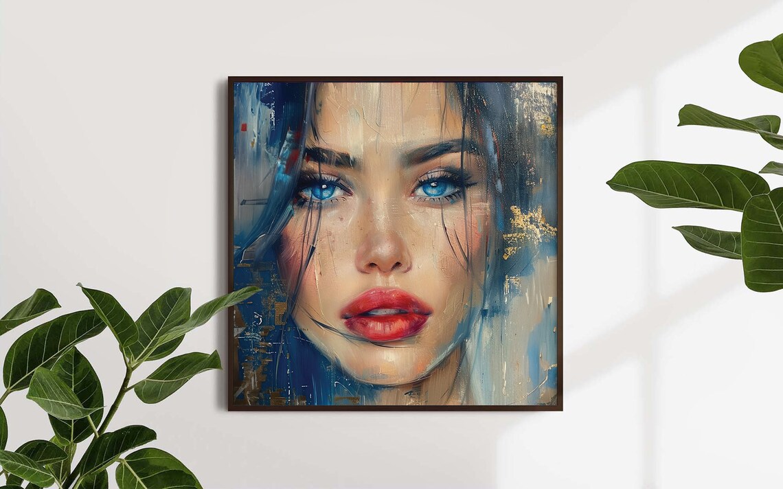 Blue Eyed Woman Portrait Red Lips Oil Painting Beauty Art Poster - Image 4