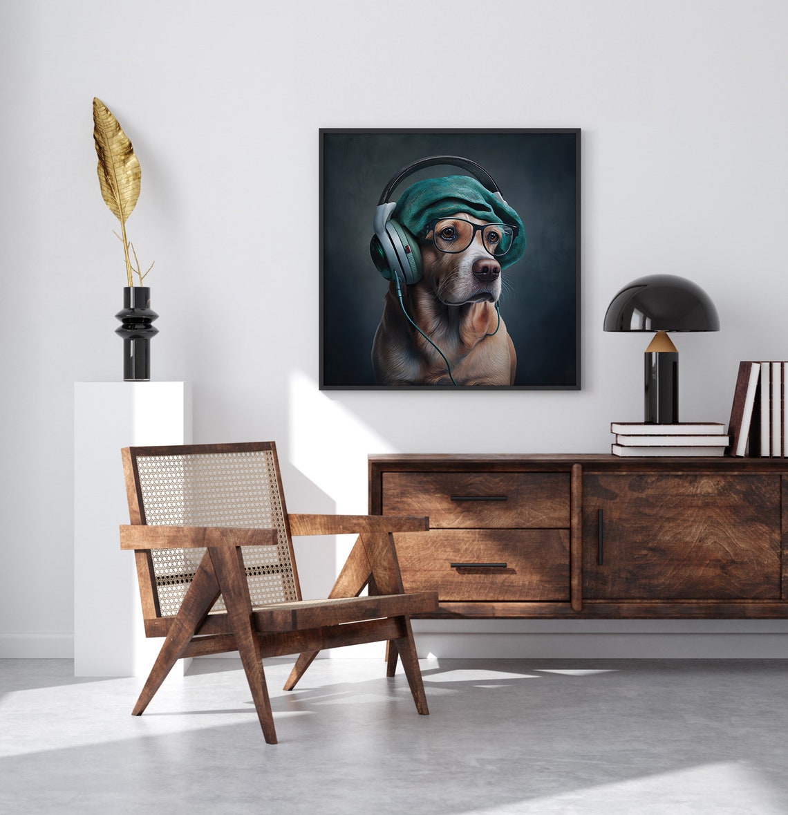 Portrait Of A Dog Wearing Hat Headphone And Glasses Framed Poster Portrait Of A Cool Dog Wall Hanging Dog Lovers Dog Listening To Music - Image 5