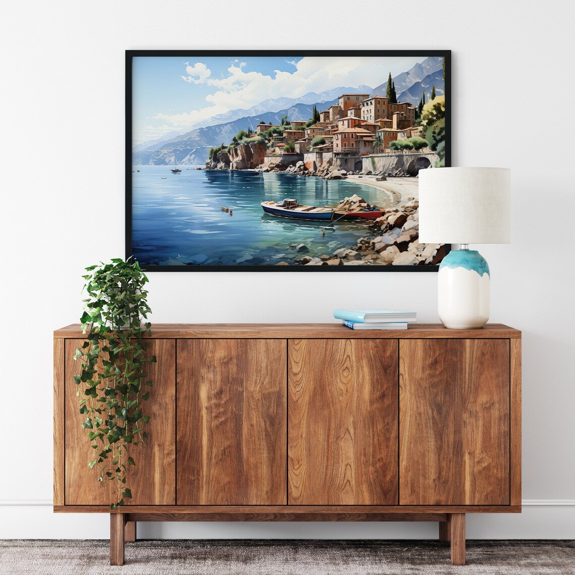 Mediterranean Coastal Town On Cliffs Boats On Blue Water Art Poster - Image 2