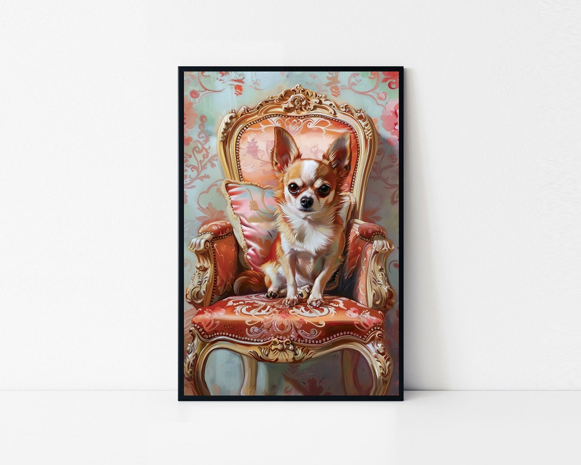 Elegant Chihuahua Dog Sitting On An Antique Chair In Oil Painting Style Framed Poster Chihuahua Portrait Dog Wall Art Wall Hanging