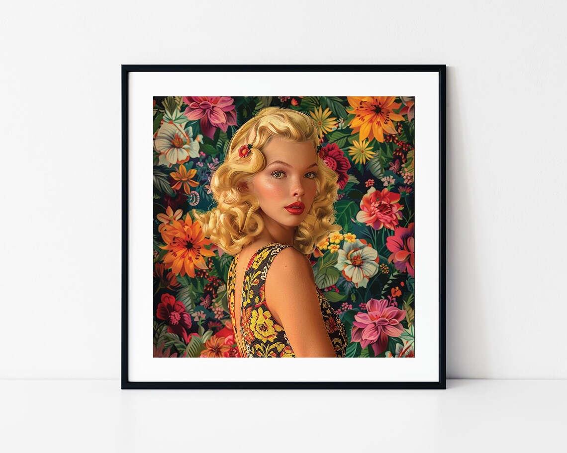 Vintage Pin Up Blonde Woman Floral Dress Retro Beauty Poster