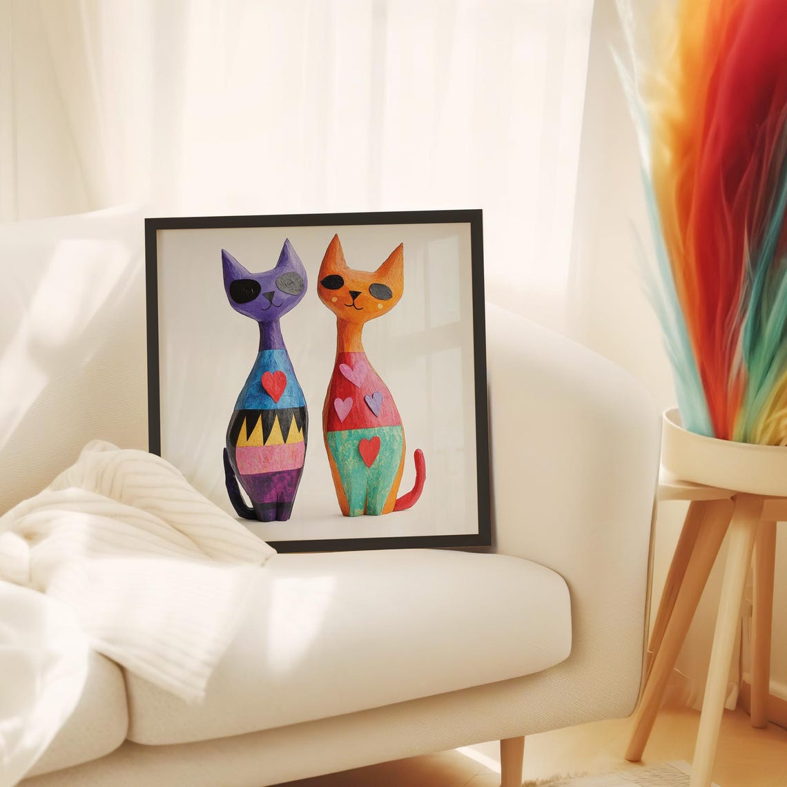Folk Art Cats Hearts Colorful Pair Whimsical Handmade Style Poster - Image 5