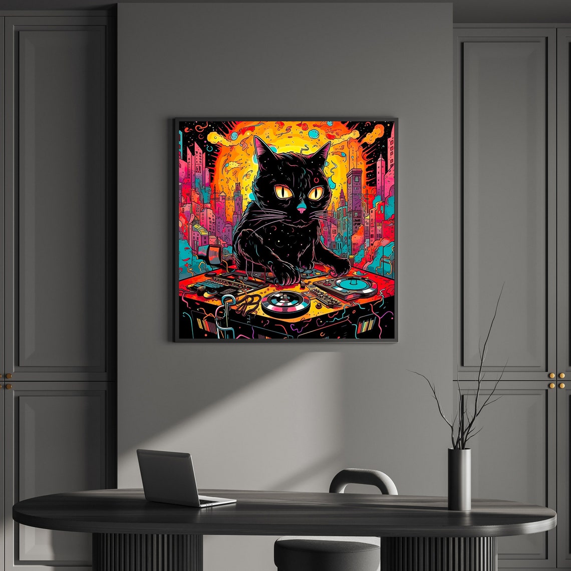 Black Cat DJ Turntables Psychedelic City Neon Music Party Poster - Image 2